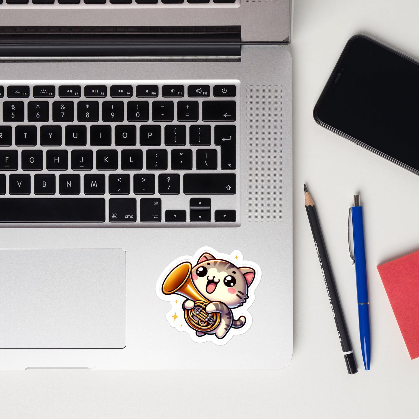 Bubble-free stickers Cat playing the French Horn sticker band stickers musician stickers