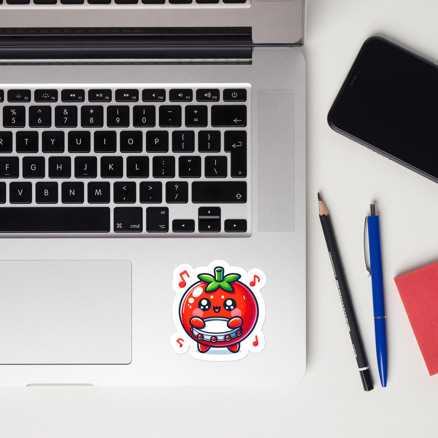 Bubble-free stickers Adorable tomato playing a tambourine teacher sticker fun silly vegetable instrument musician stickers