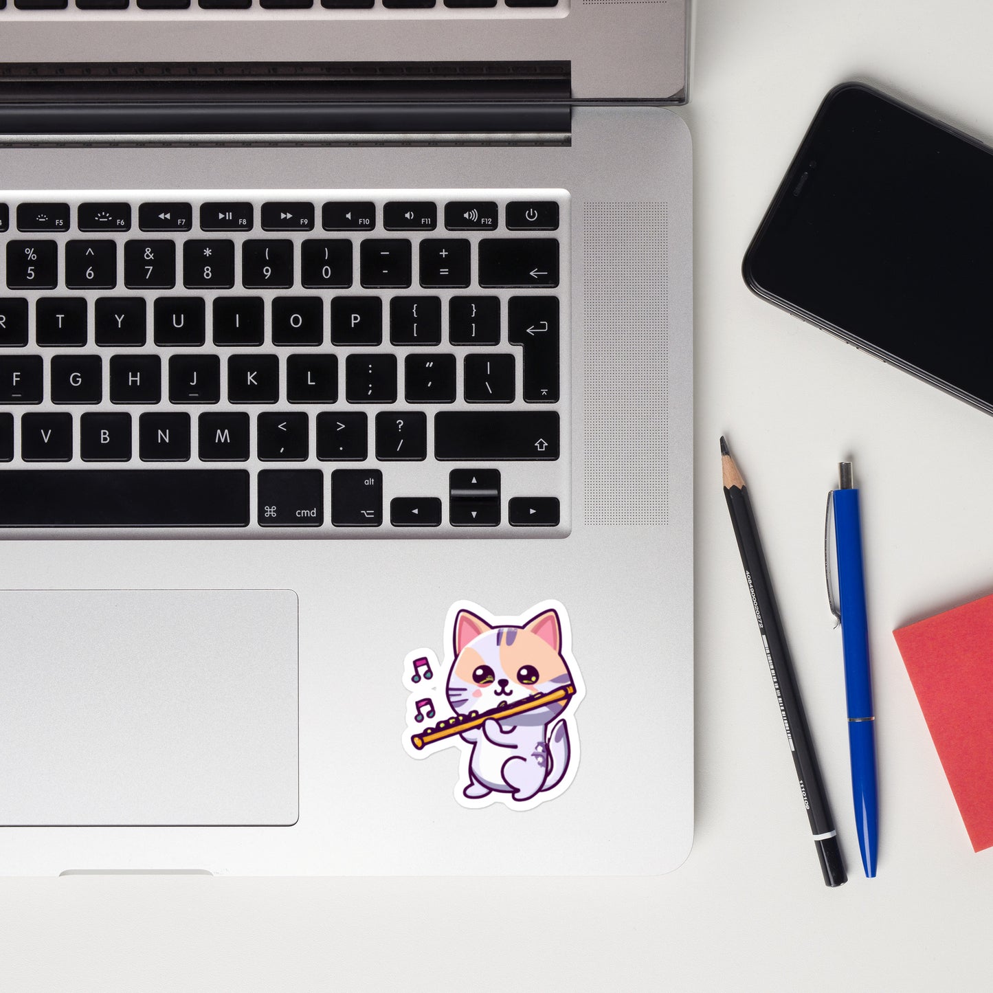 Bubble-free stickers kitty cat flute player band sticker flute sticker teacher sticker