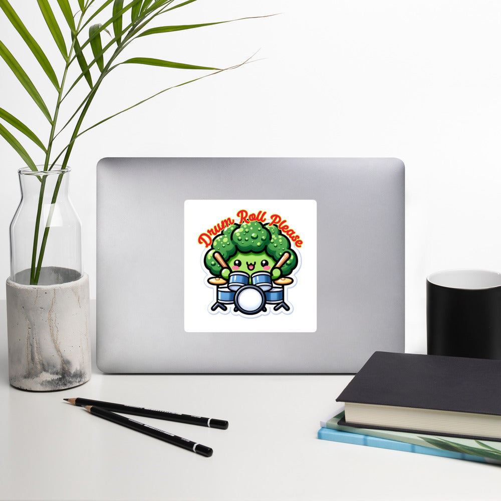 Bubble-free stickers Broccoli playing the drum set drum roll please musician sticker drummer sticker teacher stickers