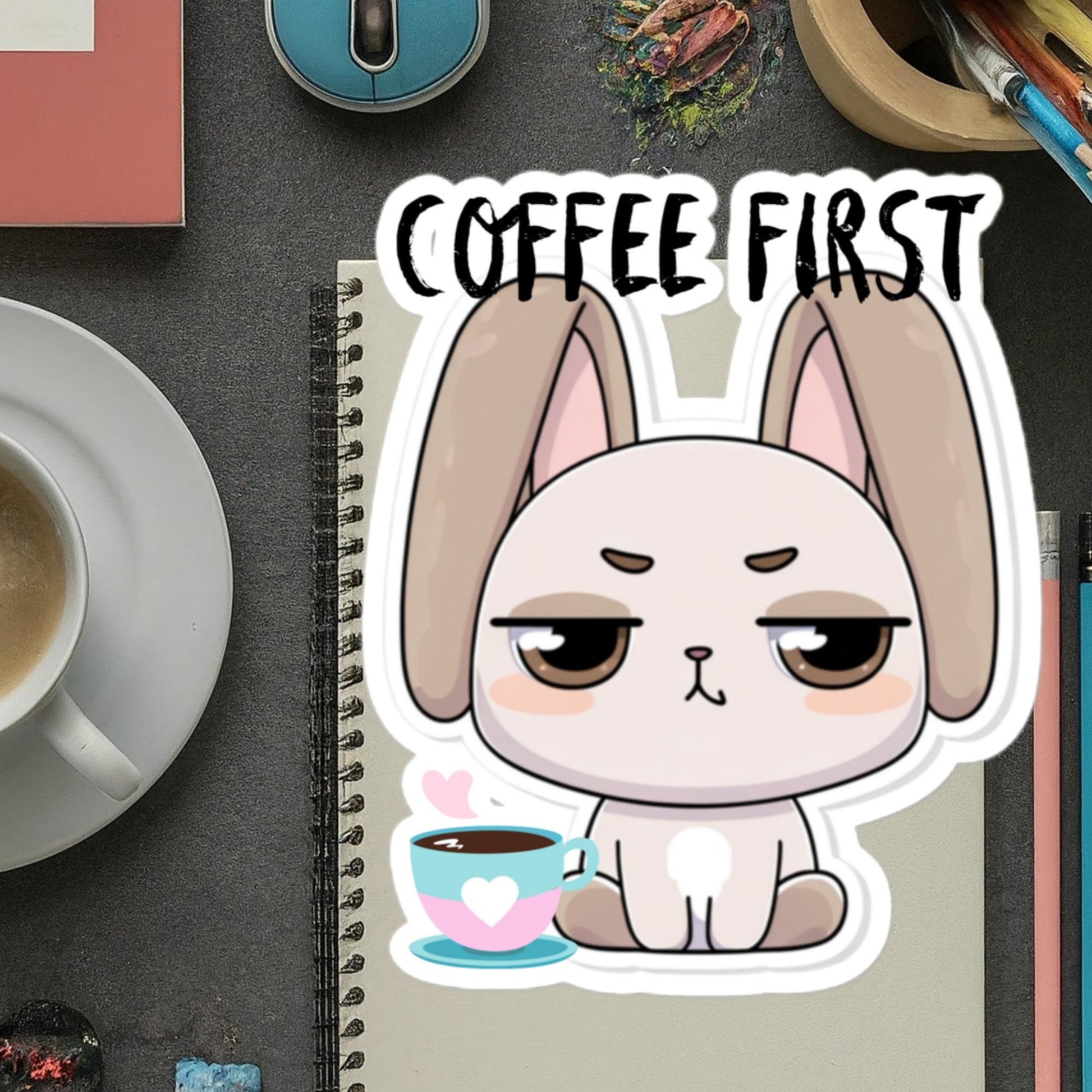 Bunny need Coffee First Sticker Coffee Humor Funny Bunny Sticker Bubble-free stickers
