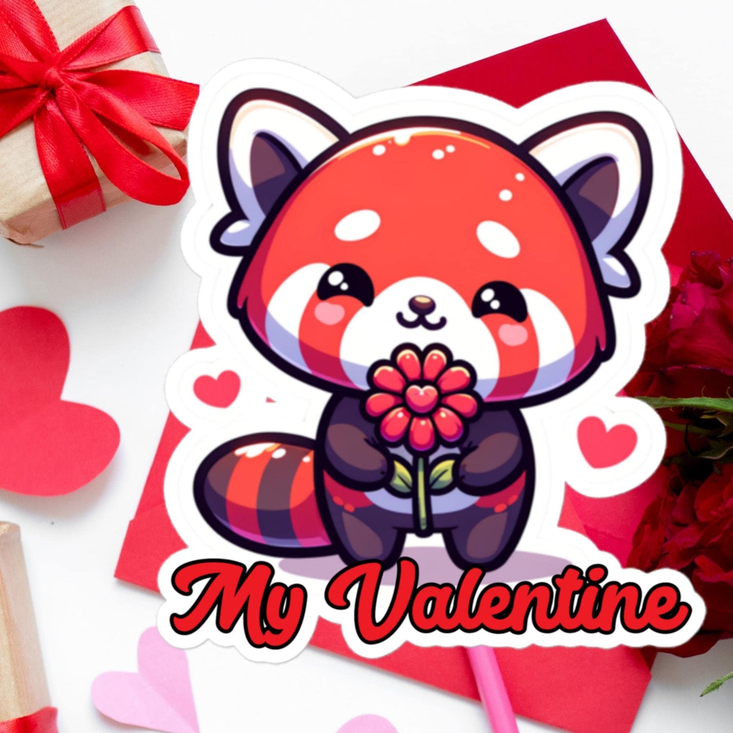 My Valentine Red Panda Heart Flower sticker Valentine's Day Gift Stickers Bubble-free stickers