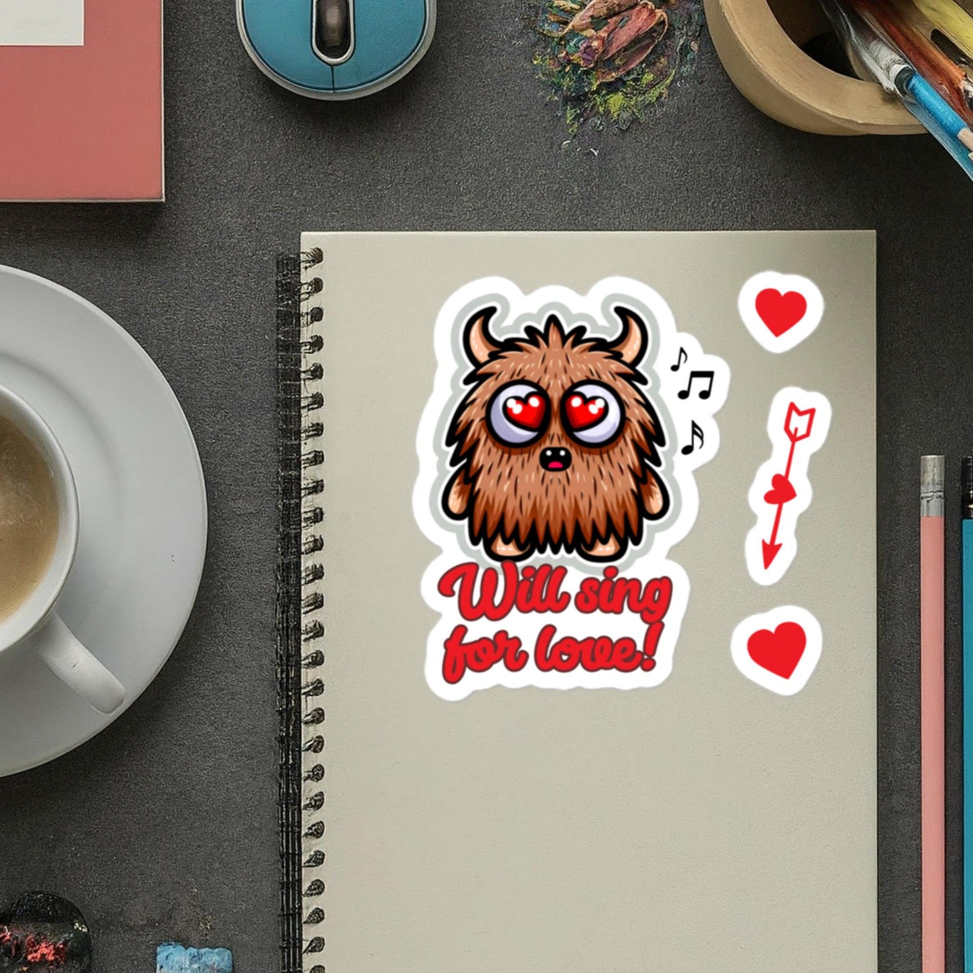 Will sing for love! Furrball monster singing sticker adorable valentine's day stickersBubble-free stickers
