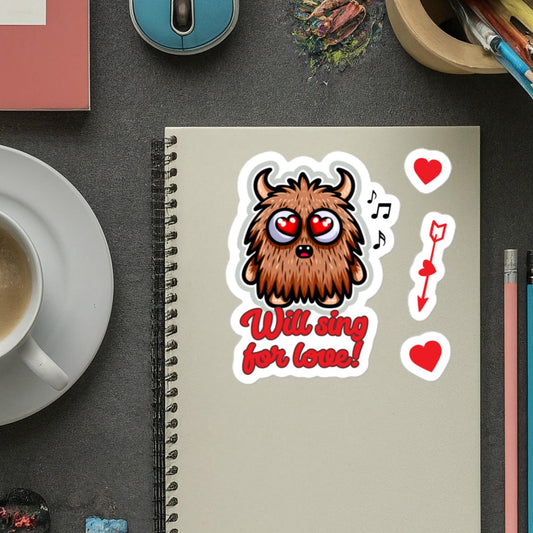 Will sing for love! Furrball monster singing sticker adorable valentine's day stickersBubble-free stickers