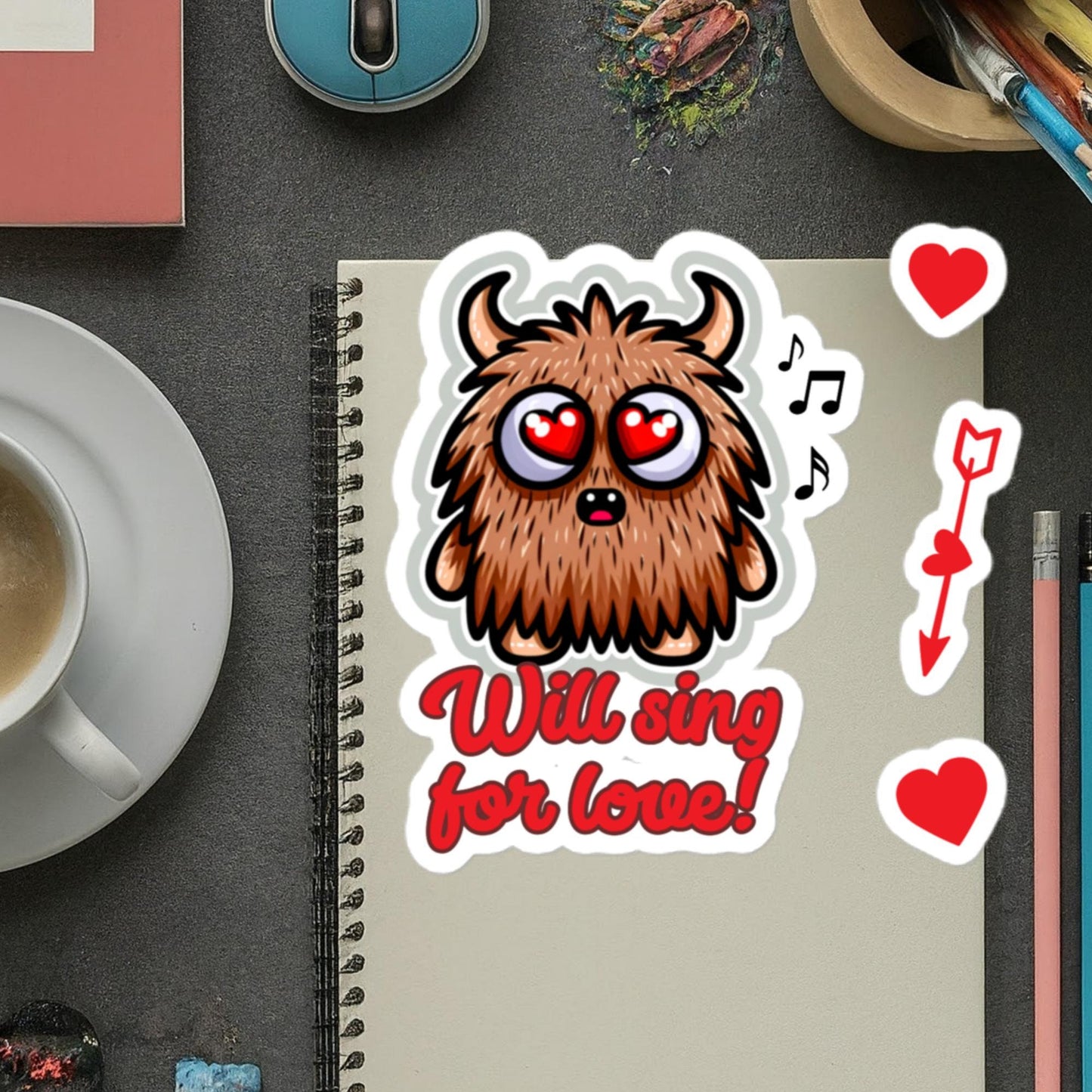 Will sing for love! Furrball monster singing sticker adorable valentine's day stickersBubble-free stickers