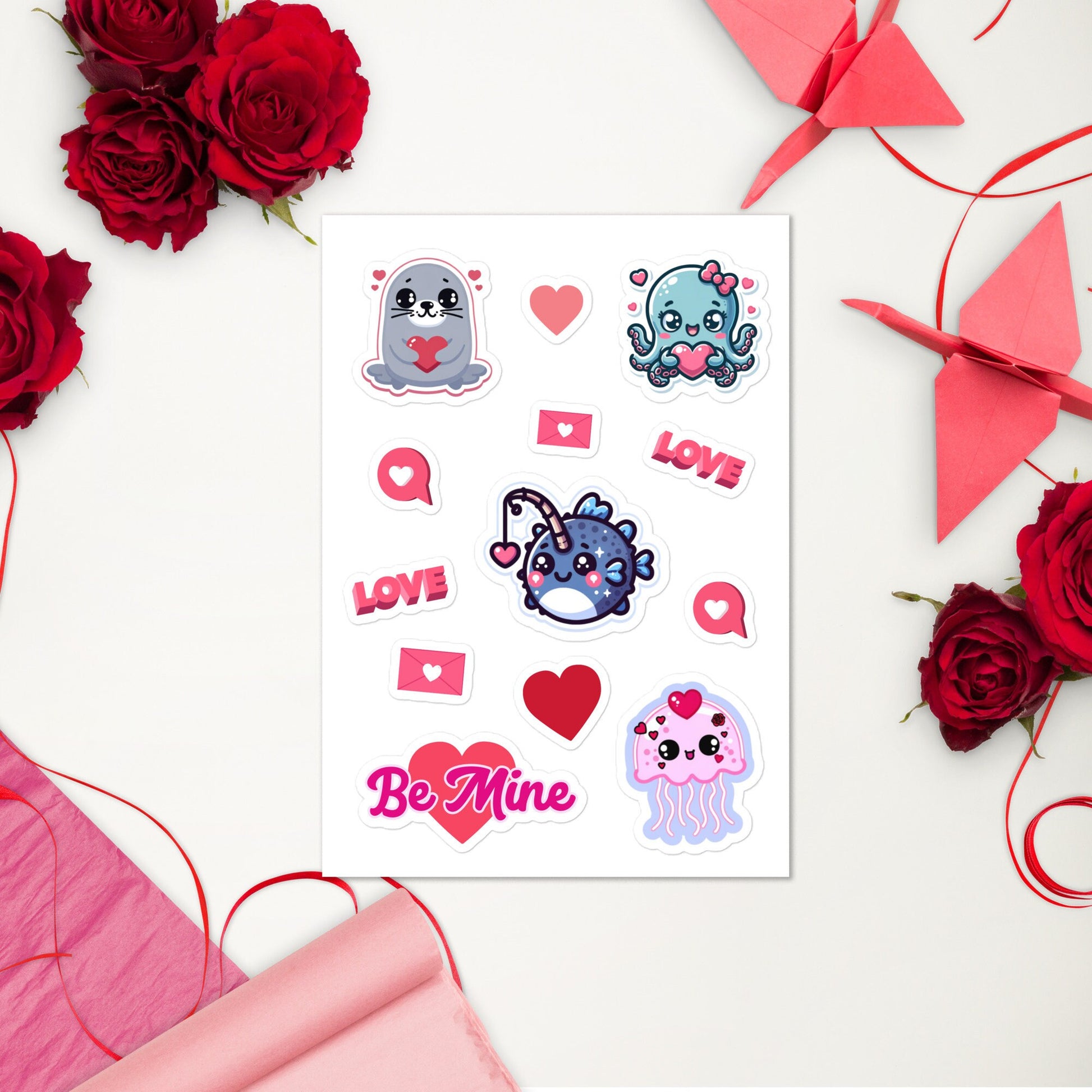 Valentine's Day Sticker sheet Ocean animals sticker sheet Valentine's Day stickers with cute animals