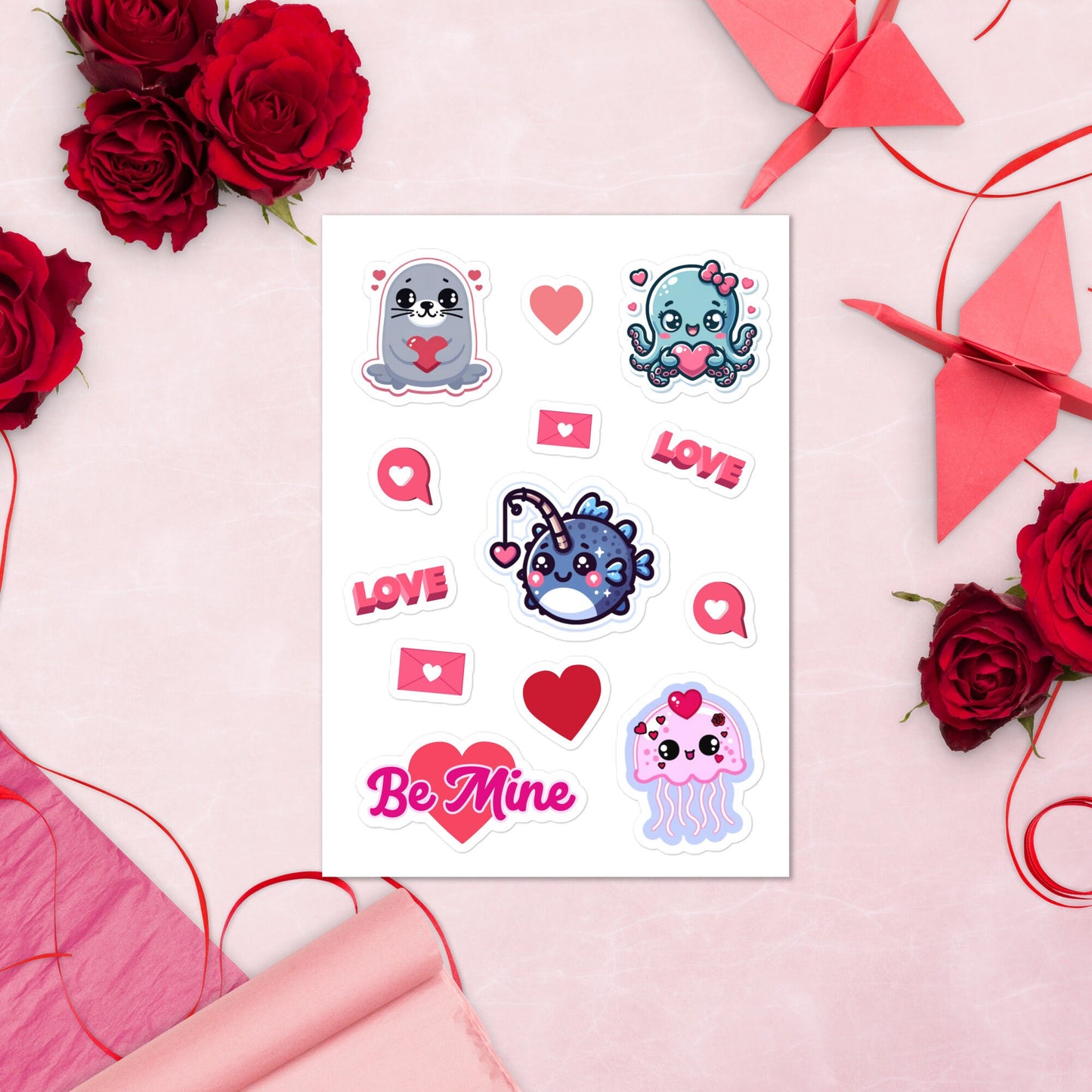 Valentine's Day Sticker sheet Ocean animals sticker sheet Valentine's Day stickers with cute animals