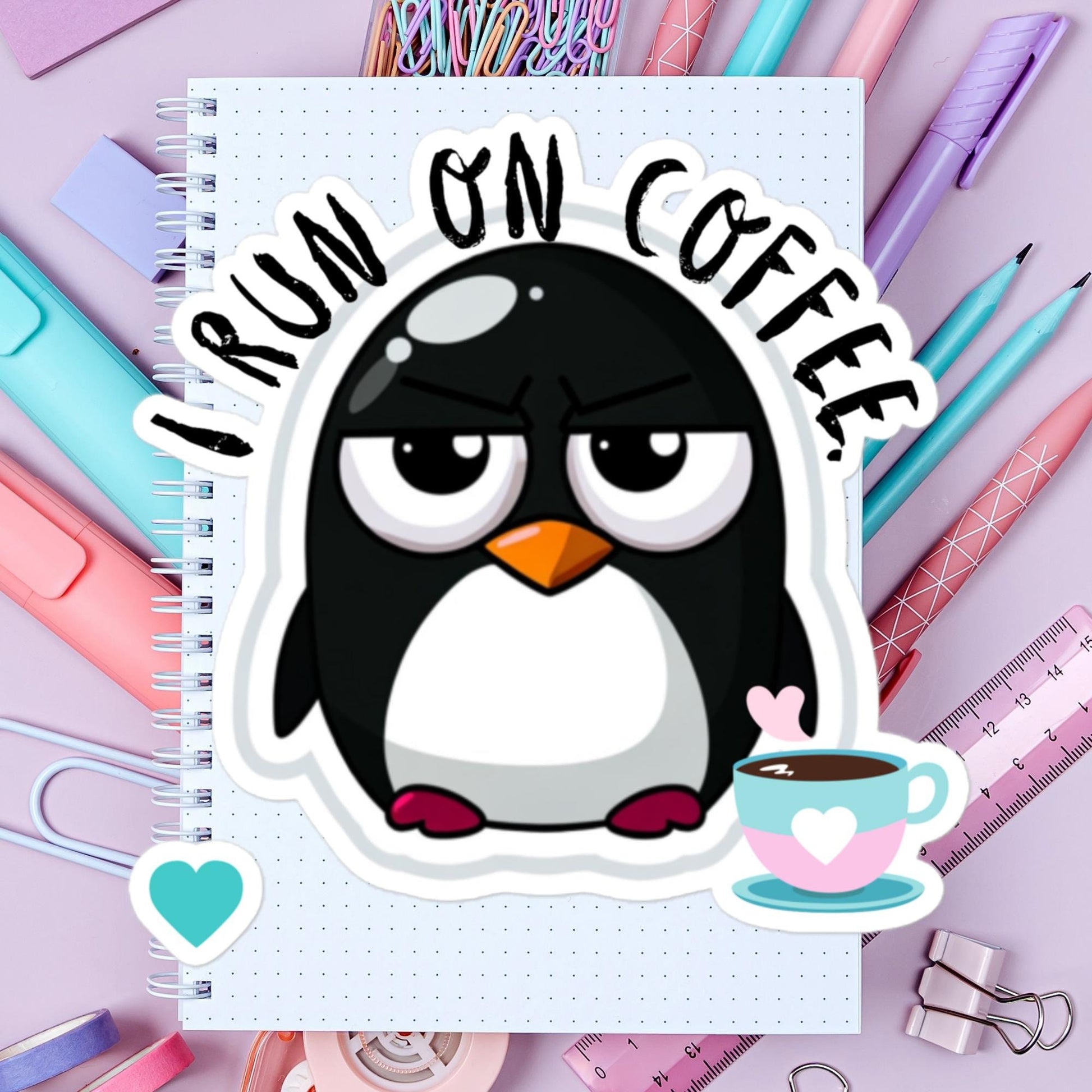 Penguin I Run On Coffee sticker Funny cute animal penguin sticker Coffee HumorBubble-free stickers