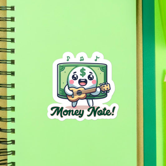 Money Note! Dollar Bill playing the guitar hits the money note! Fun musician stickersBubble-free stickers