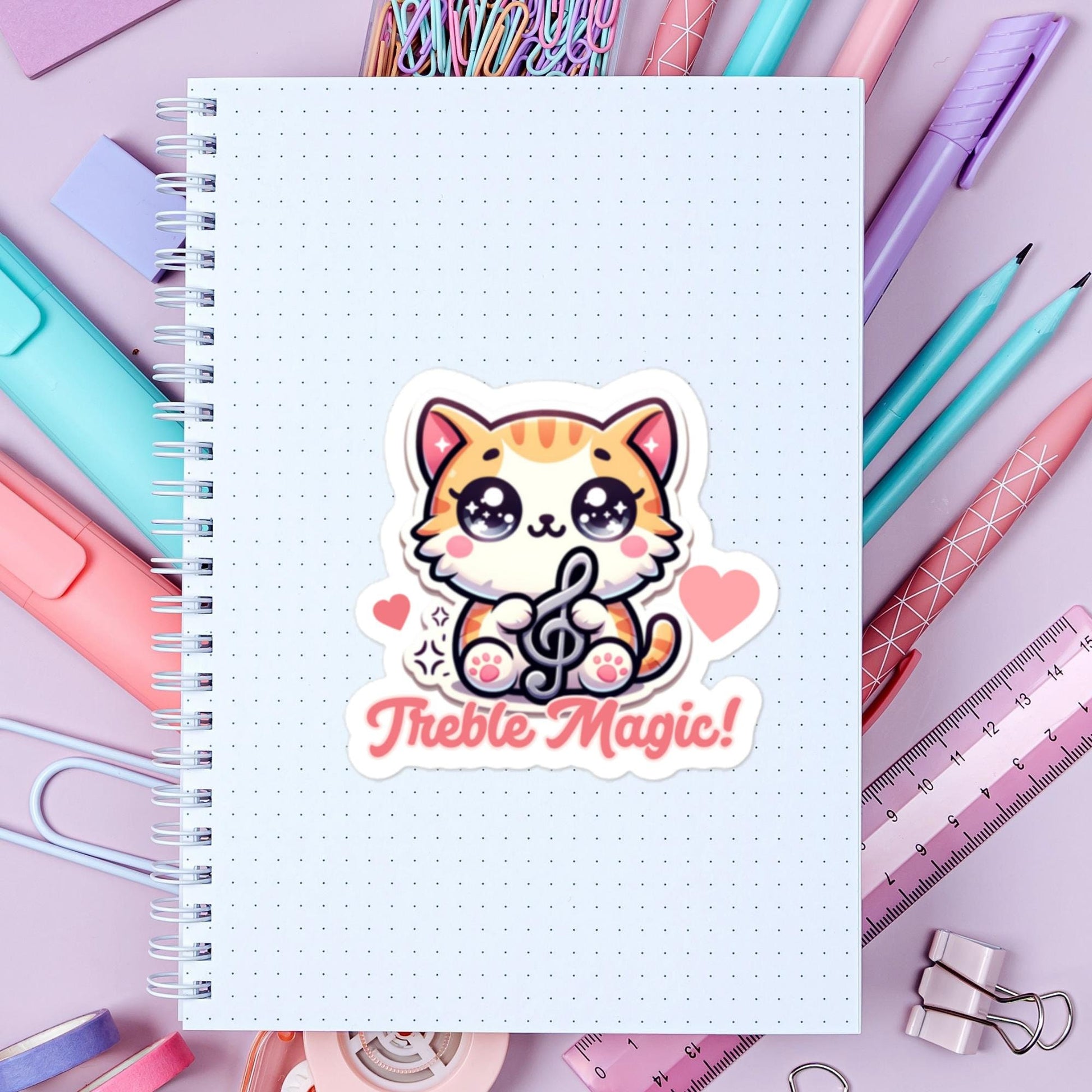 Treble Magic! Kitty holding trebel clef is ready to her debut! Cute stickersBubble-free stickers