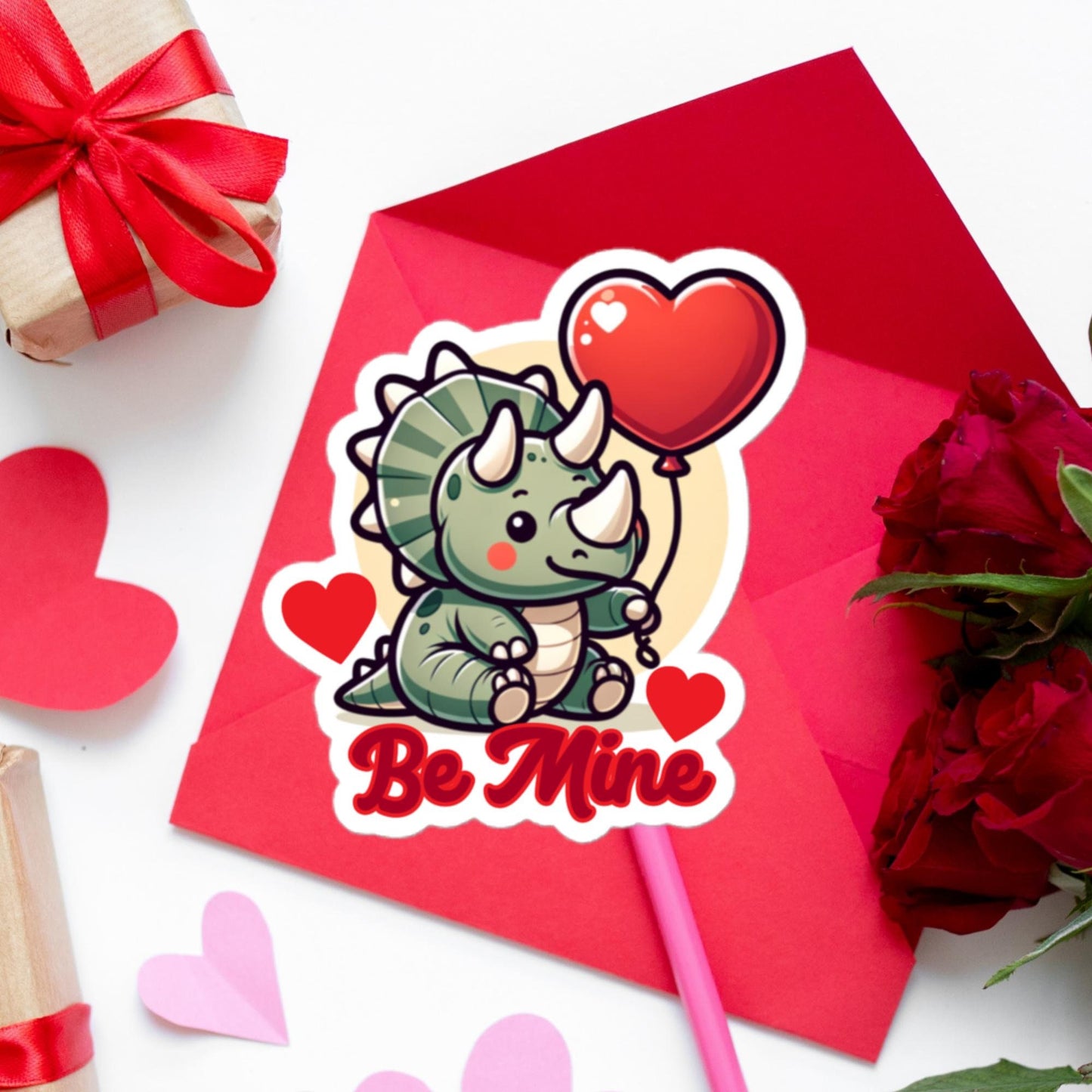 Triceratops Be Mine Sticker Dinosaur Valentine's Day stickers Valentine's GiftsBubble-free stickers