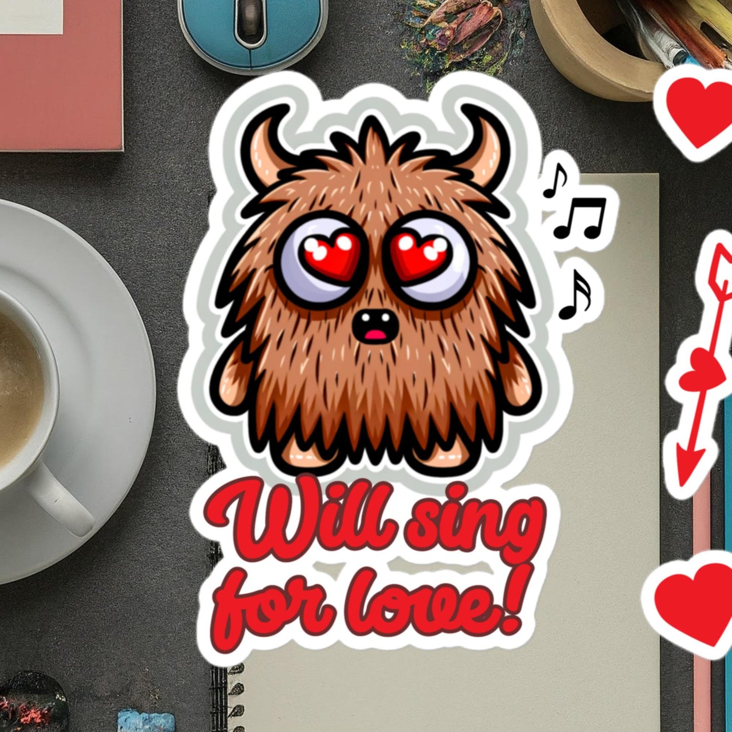 Will sing for love! Furrball monster singing sticker adorable valentine's day stickersBubble-free stickers