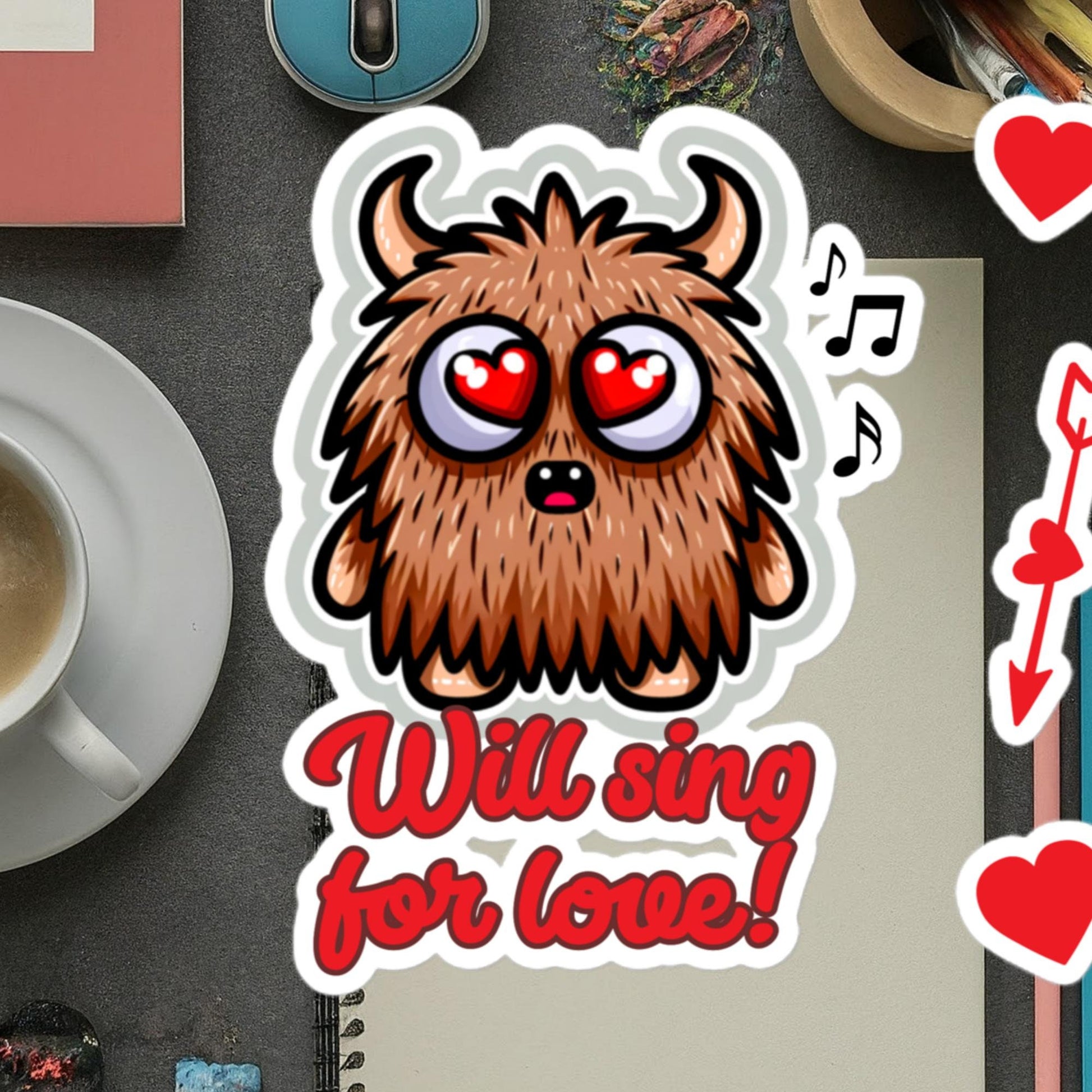 Will sing for love! Furrball monster singing sticker adorable valentine's day stickersBubble-free stickers